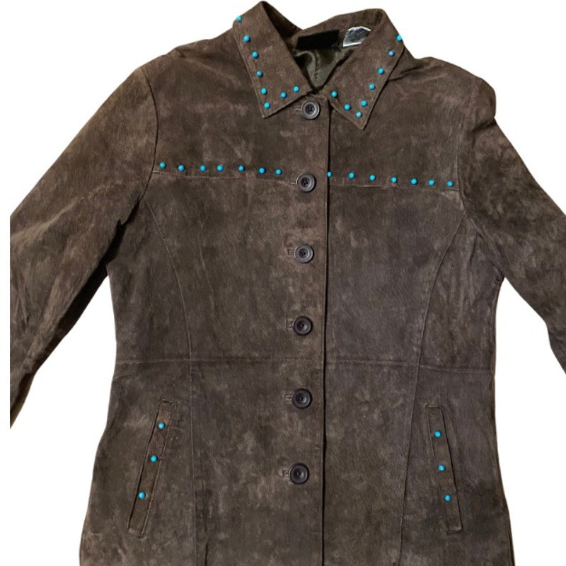Upcycled Vintage Turquoise Bead Studded Chocolate Brown Suede Genuine Leather Jacket (S)