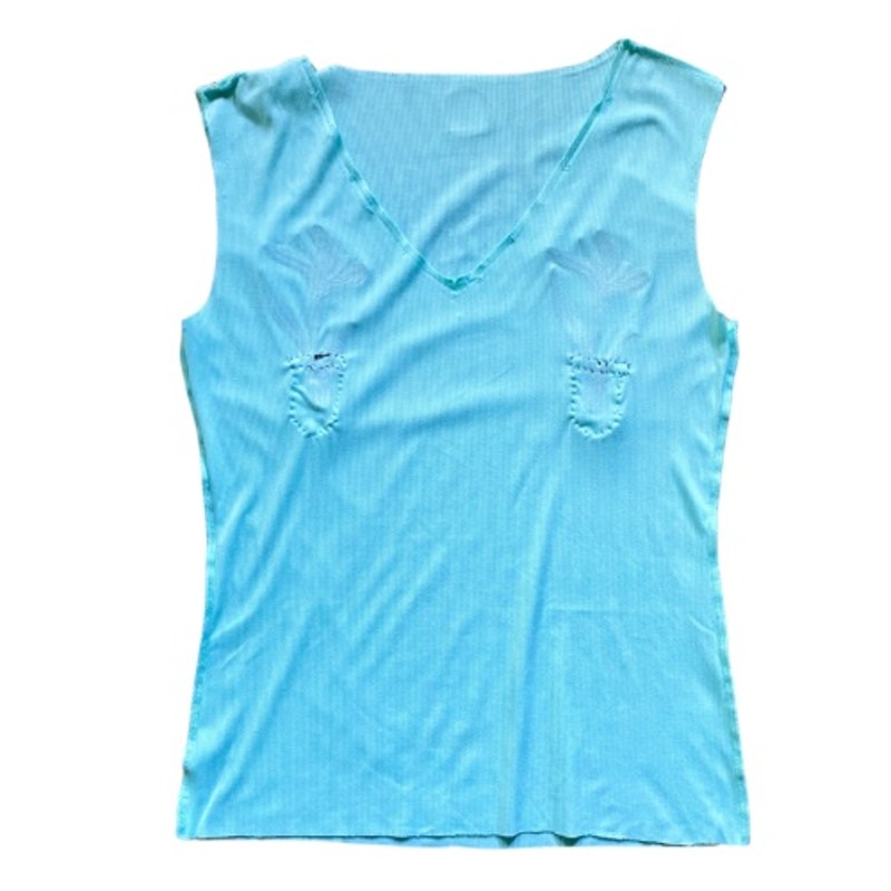 Upcycled Vintage Amaryllis Flower Patch Bright Teal Sleeveless Ribbed V-Neck (M)