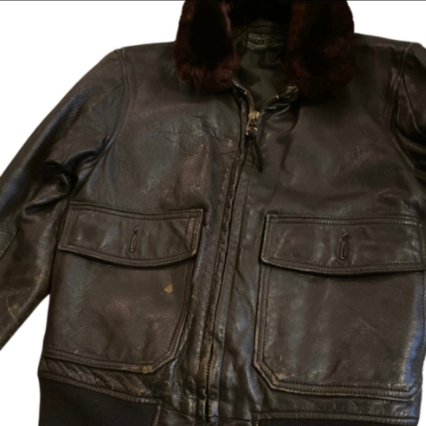 *RARE VINTAGE* 1960s USN Men’s Type G-1 Chocolate Brown Leather Flight Jacket with Fur Collar (36)