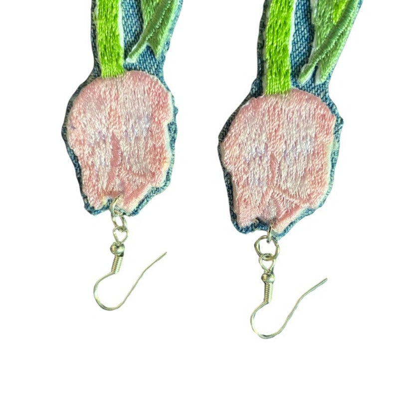 Upcycled Vintage Pink Tulip Embroidered Patch + Denim Earrings