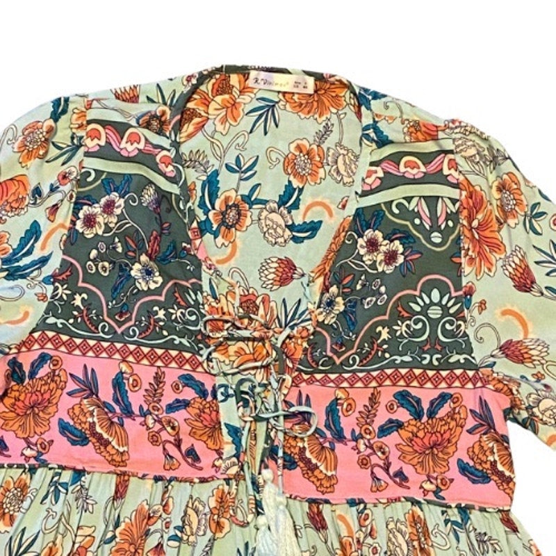 Pink & Blue Patchwork Style Striped Floral Print Long Sleeve Babydoll Dress (4/6)