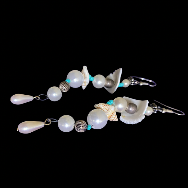 Aquata | White/ Multi Shell Mock Pearl & Turquoise Beaded Dangle Earrings