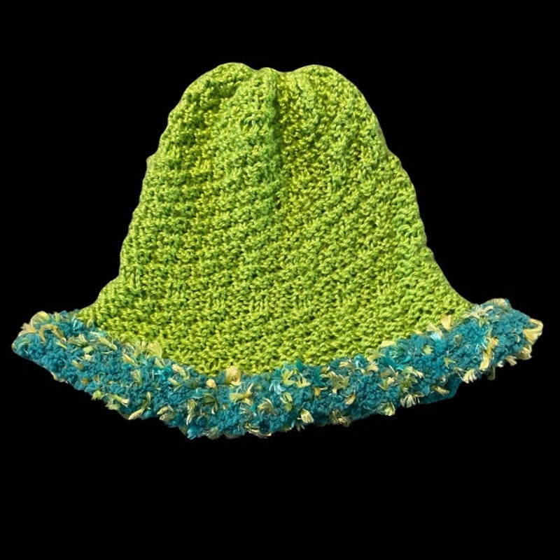 Mossy Lime Green & Teal Fuzzy Trim Bucket Hat (L)