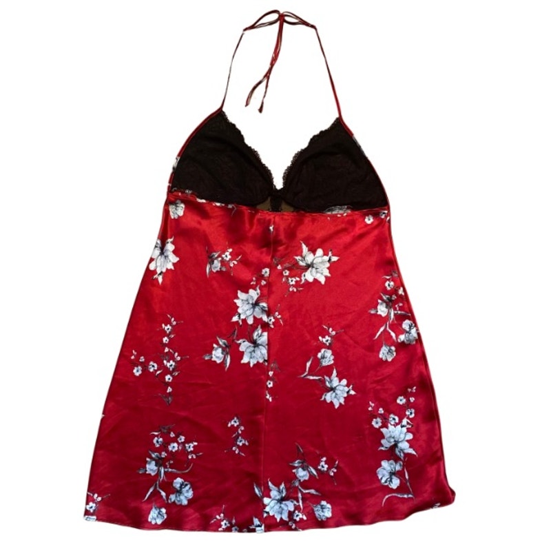 Y2K Black, Red, & White Satin Floral Halter Top Night Dress (L)