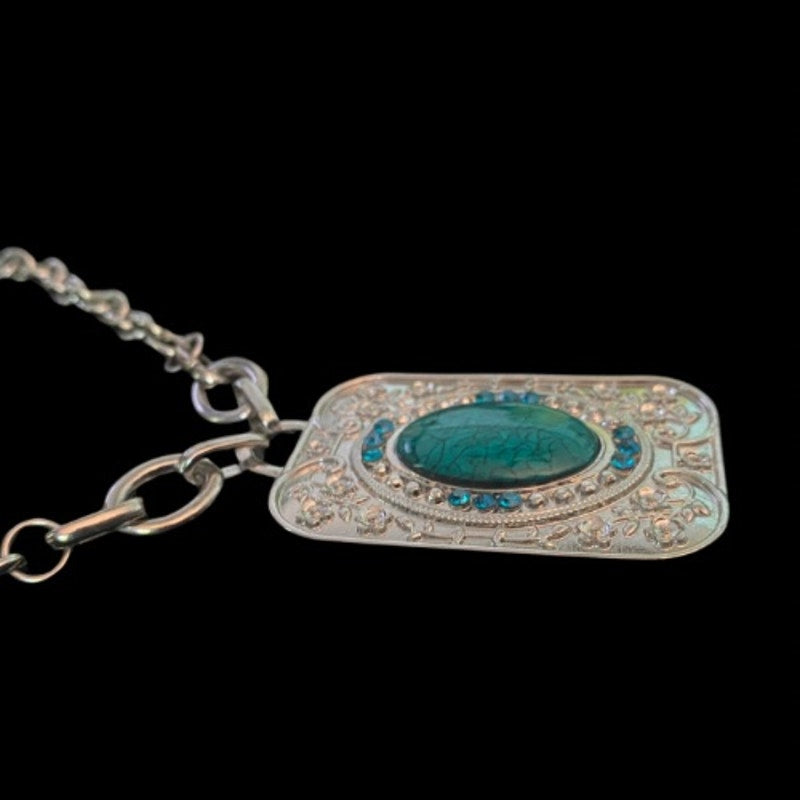 Southwestern Style Floral Etched Costume Silver & Mock Turquoise Rectangle Pendant Necklace & Drop Earring Set