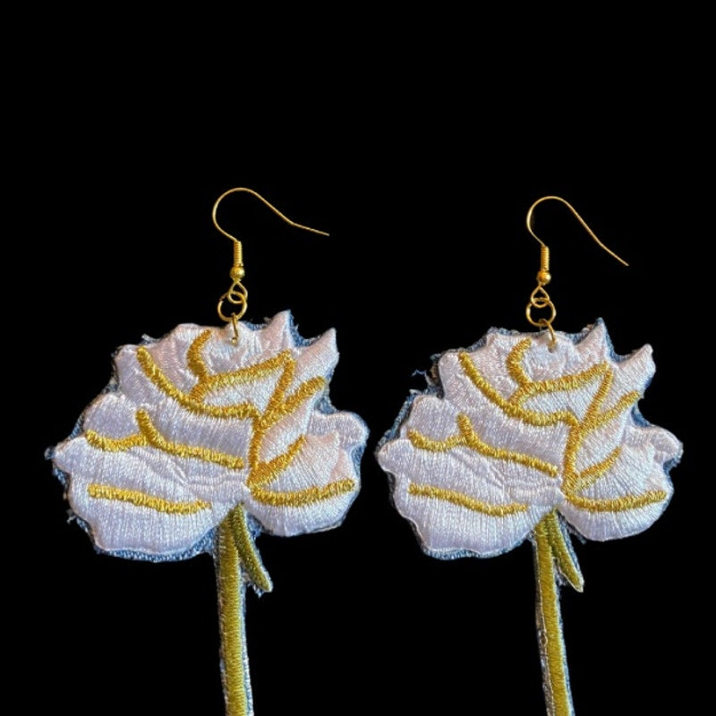 Vintage White/Gold Long Stem Rose Patch + Denim Earrings