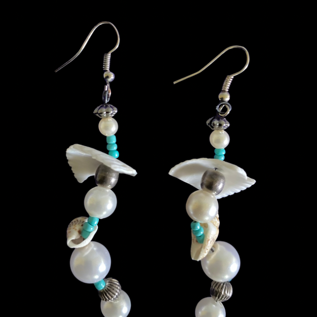 Aquata | White/ Multi Shell Mock Pearl & Turquoise Beaded Dangle Earrings