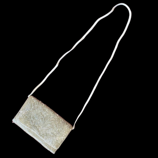 Vintage 60’s/70’s Silver Beaded Ivory Satin Evening Bag with Woven Cotton Shoulder Strap