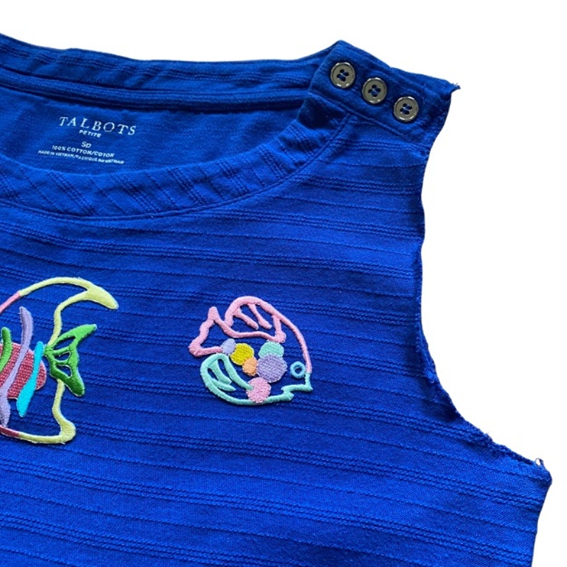 Upcycled Tropical Fish Vintage Patch Embellished Sleeveless Cobalt Blue Tank Top (S)