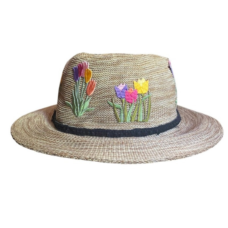Upcycled Pink/Purple/Yellow Tulip Patch Straw Fedora