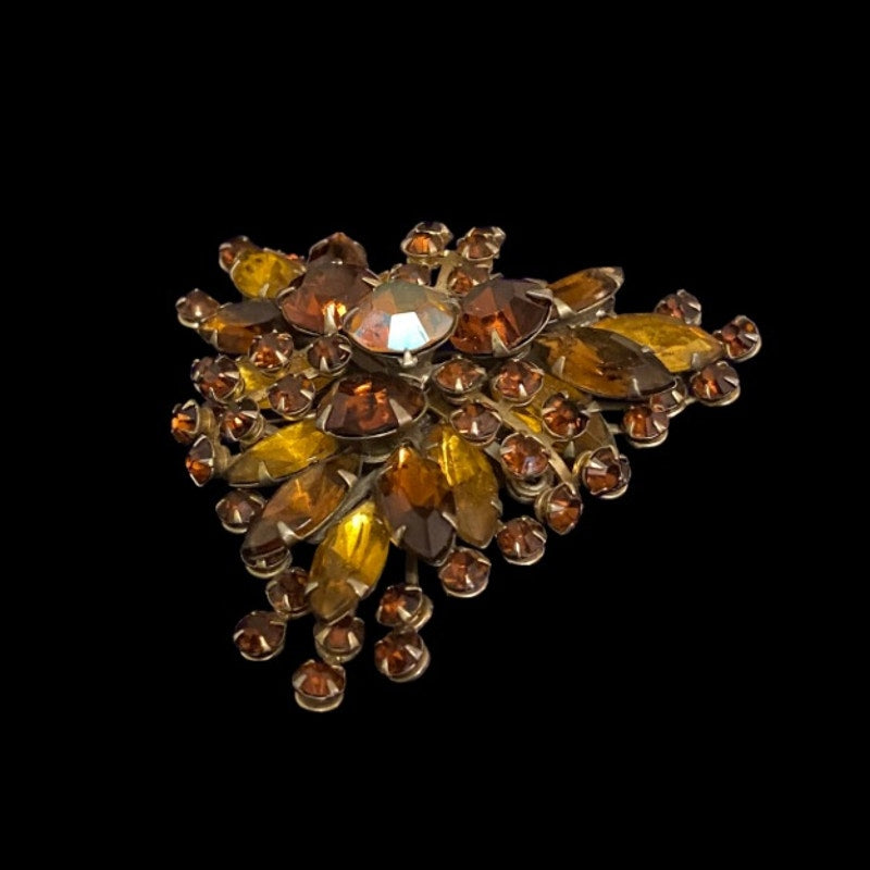 Large 1960’s Vintage Triangular Honey Brown Amber Topaz Rhinestone Brooch