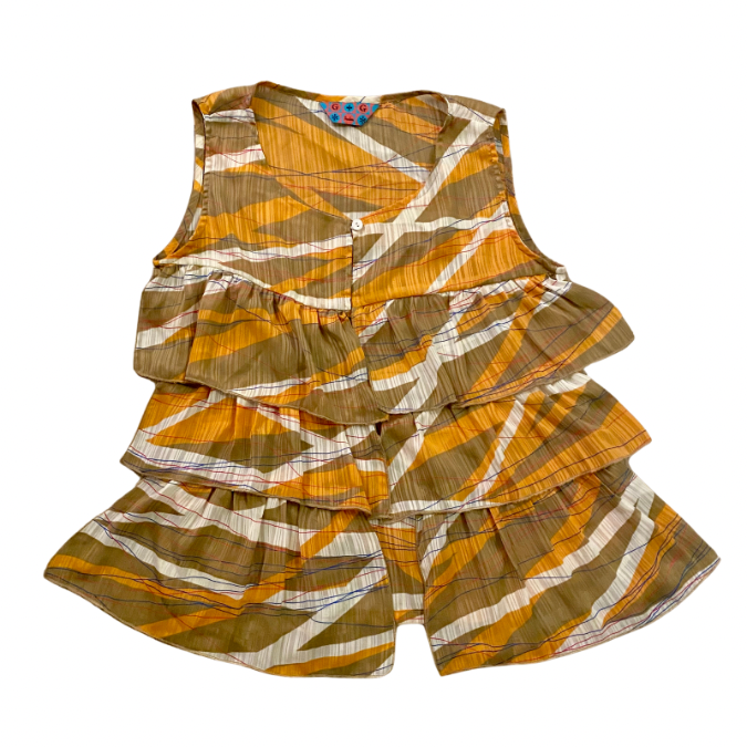 Abstract Orange/Taupe/White Striped Ruffle-Tiered Sleeveless Top (M)