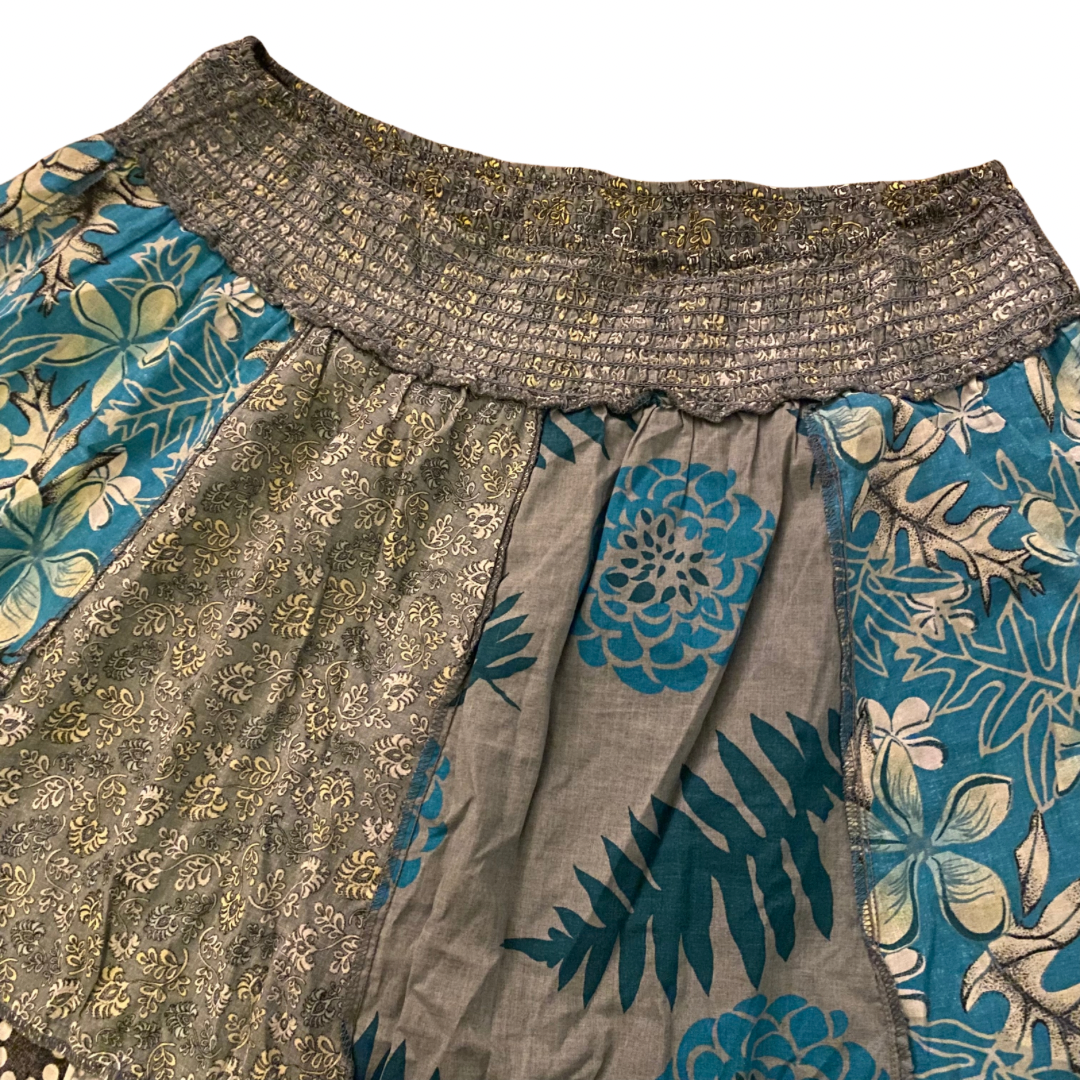 Vintage Blue/Slate Grey/ Yellow Patchwork Cotton Skirt (M-L)