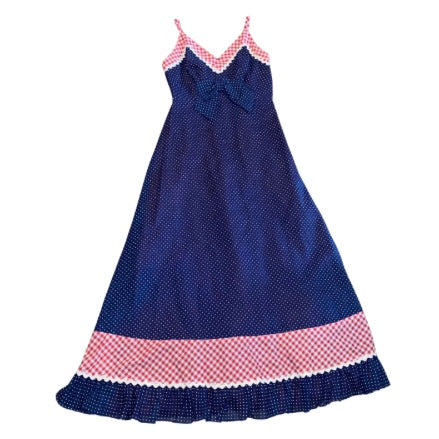 1960’s/70’s Navy Blue/White/Red Polka Dot & Gingham Trim Maxi Dress & Matching Shawl (S)