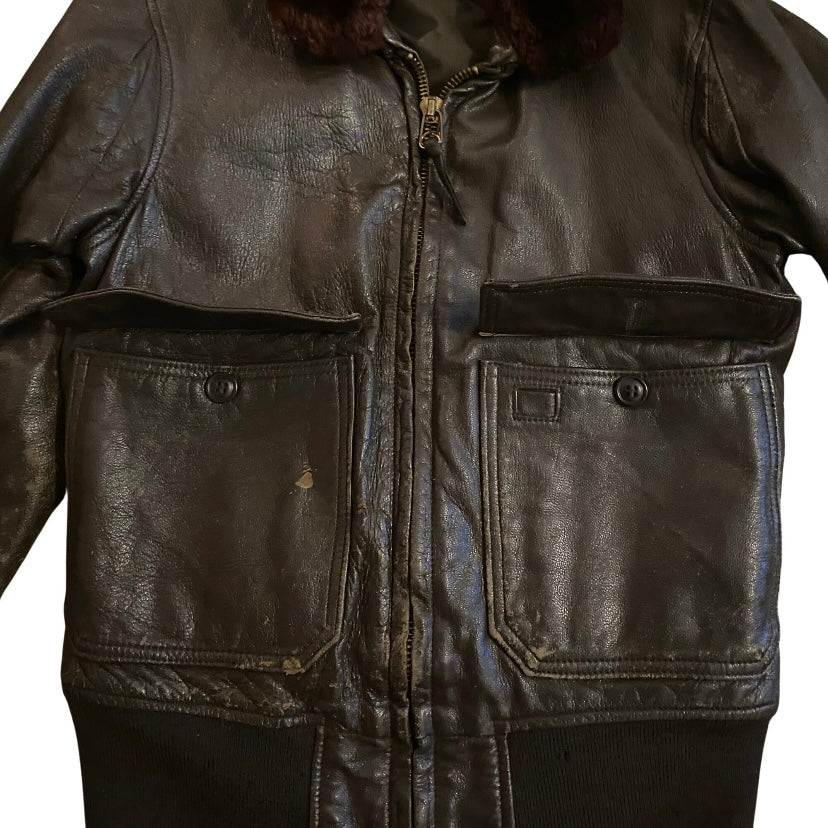 *RARE VINTAGE* 1960s USN Men’s Type G-1 Chocolate Brown Leather Flight Jacket with Fur Collar (36)