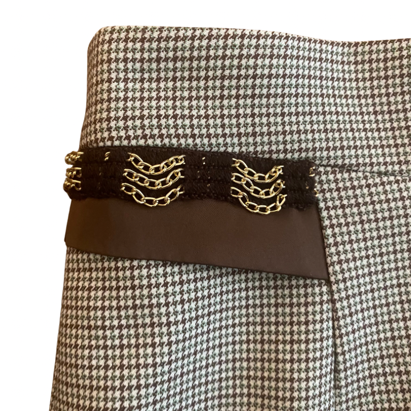 Vintage Green/Brown/White Houndstooth Print Button Down Skirt Suit (Small/Medium)