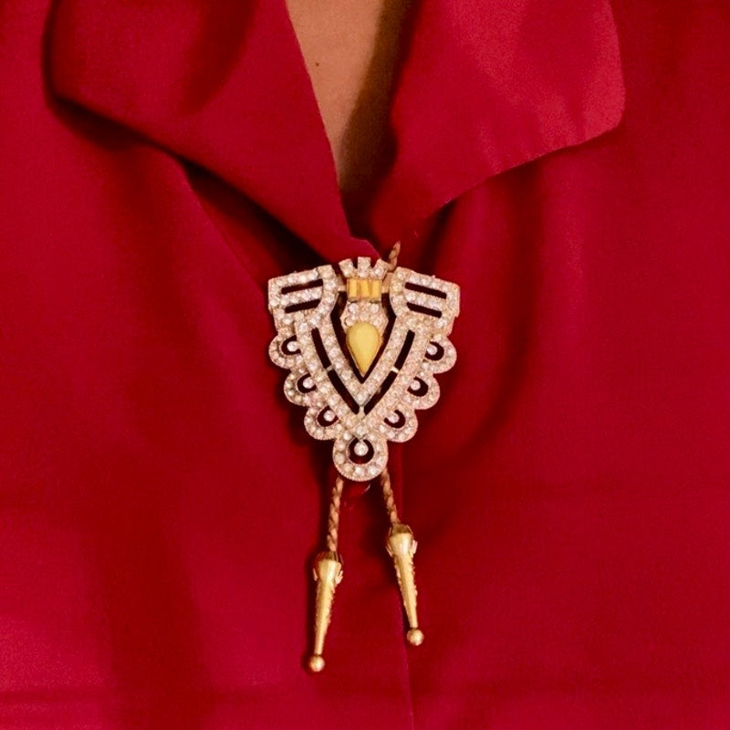 Art Deco Mock Yellow Topaz & Rhinestone Studded Triangle Camel Brown Leather Cord Bolo Tie