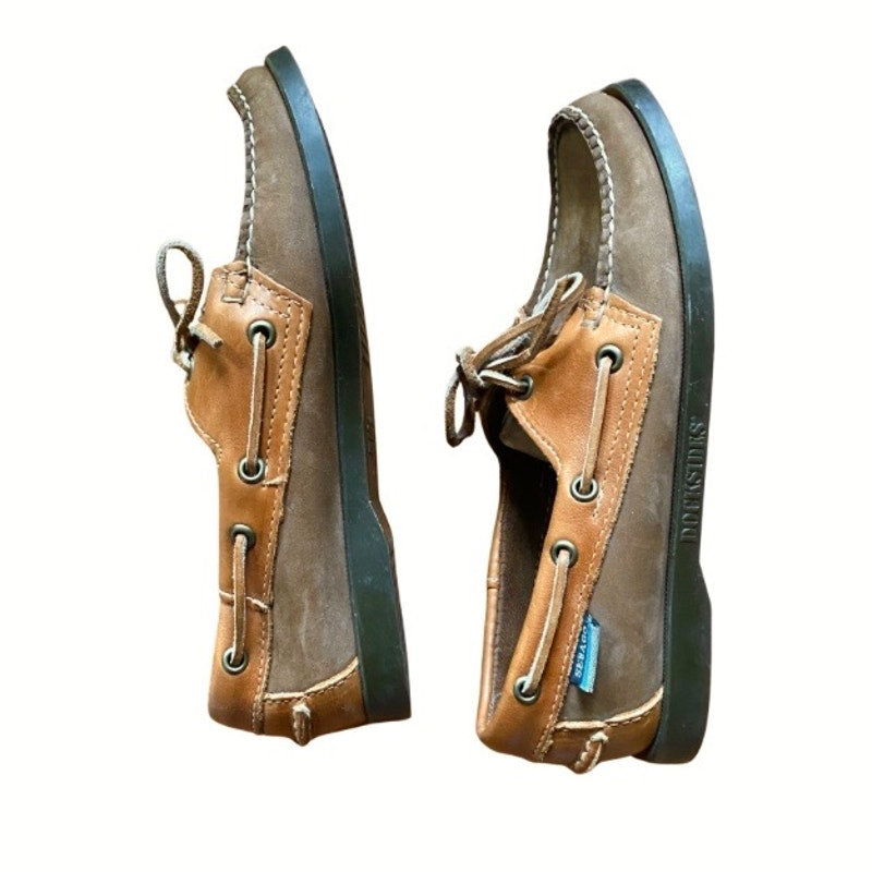 Two-toned Dark Grey/Cognac Brown Leather Sebago Docksides Loafers with Rawhide Laces (Men’s 8.5)