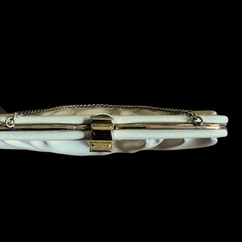 Vintage Beige Faux Leather Frame Clutch with Silver Chain Handle