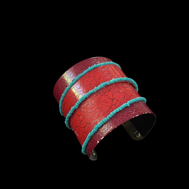 Upcycled Vintage Turquoise Beaded Red & Magenta Pleather Cuff Bracelet