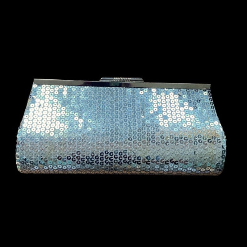 Y2K Silver Disco Sequined Clutch/ Frame Bag with Silver Chain Strap