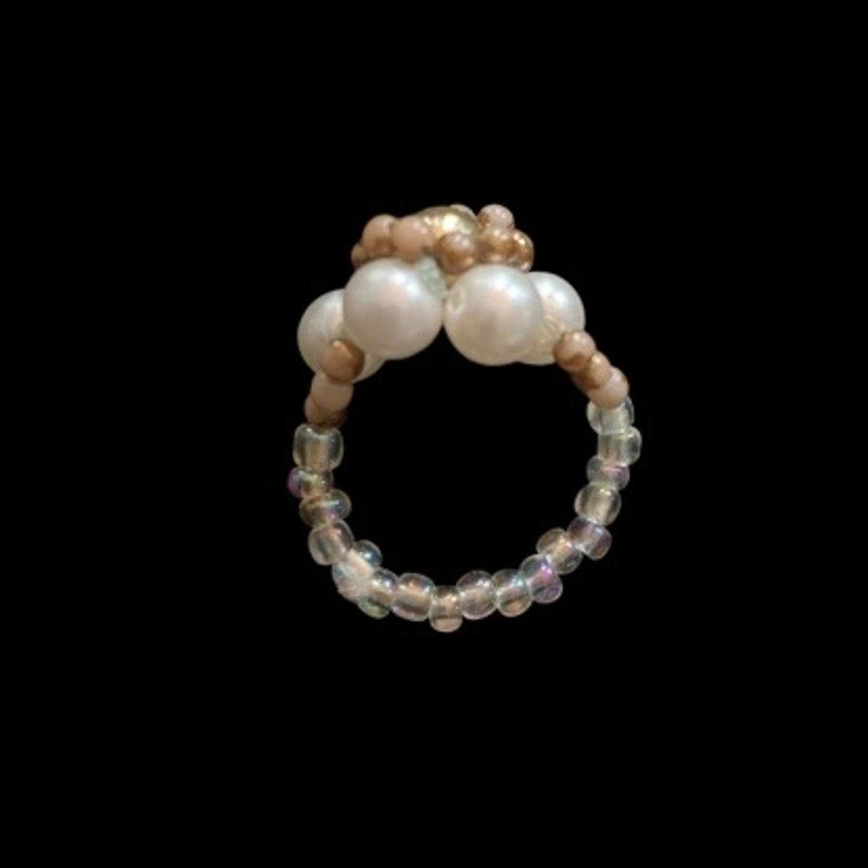 Dainty Vintage Brown/Gold/White Faux Pearl Beaded Flower Ring (5)
