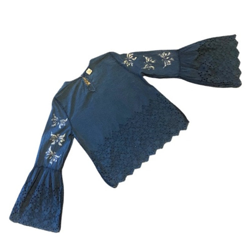 Breezy Indigo Blue & White Butterfly Bell Sleeve Lace Hem Cotton Blouse (M)