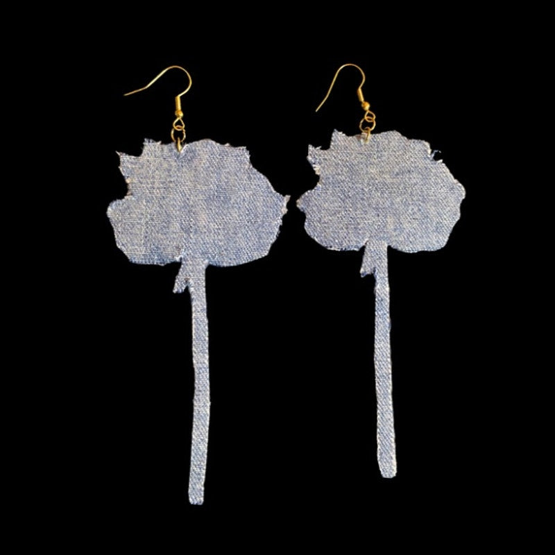 Vintage White/Gold Long Stem Rose Patch + Denim Earrings