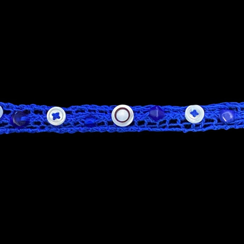 Black and White Button Embellished Royal Blue Handknit Cotton Choker Necklace