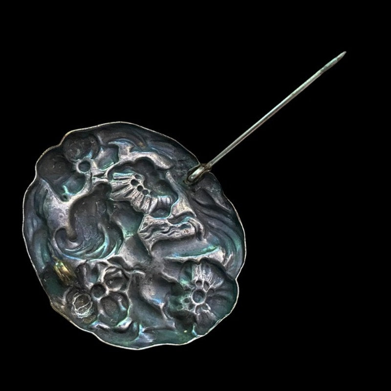 Vintage Art Nouveau Floral Forest Nymph Silverplate Brooch