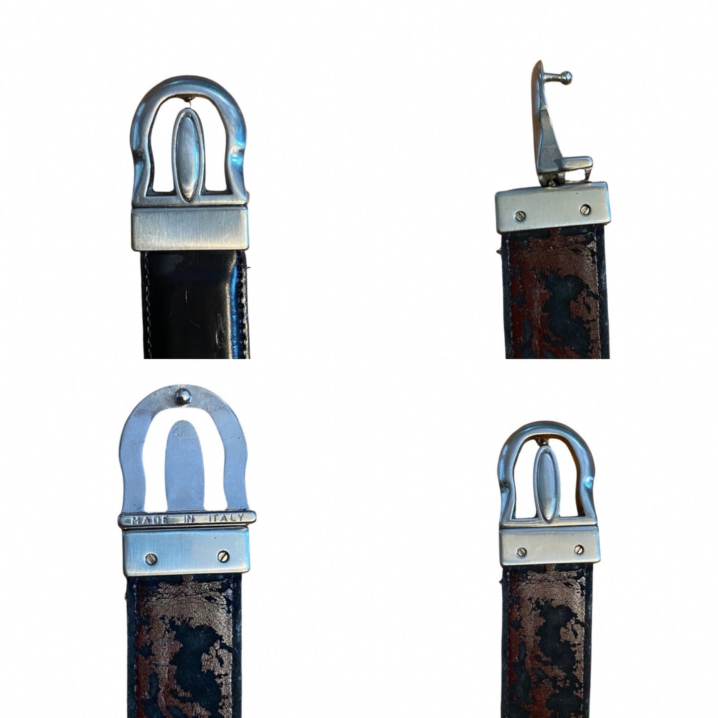 1980’s Men’s Distressed Black/Brown Reversible Faux Leather Belt with Silver Buckle (36/90)