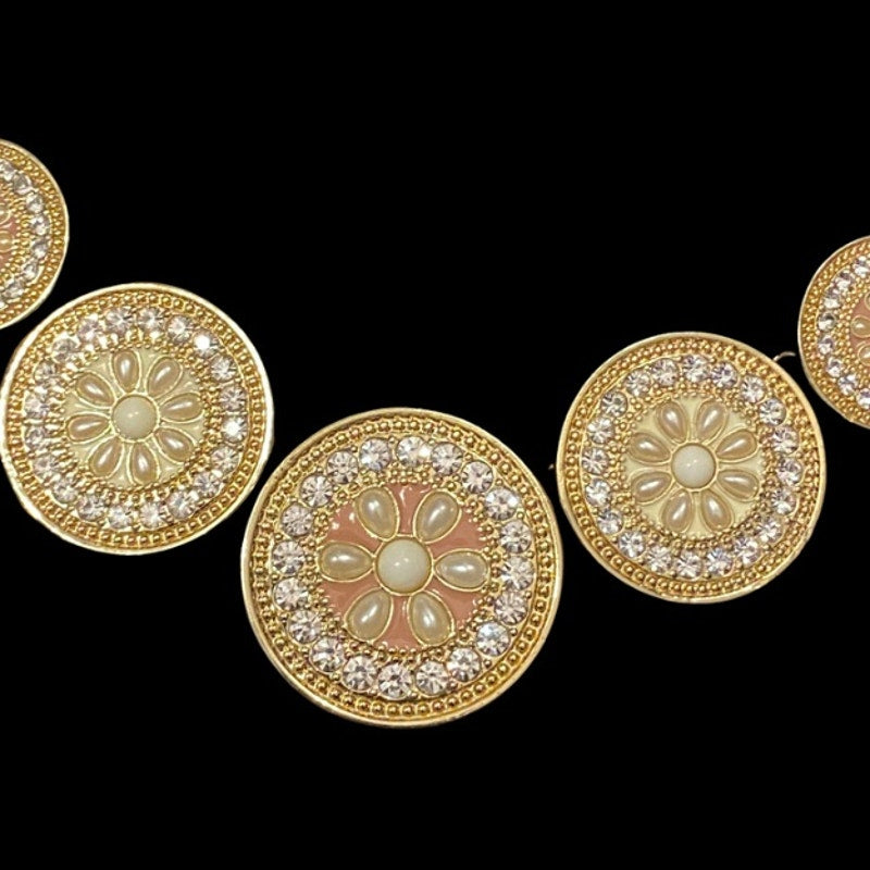 Pink Mock Pearl & Rhinestone Studded Gold Toned Disc Bib Necklace