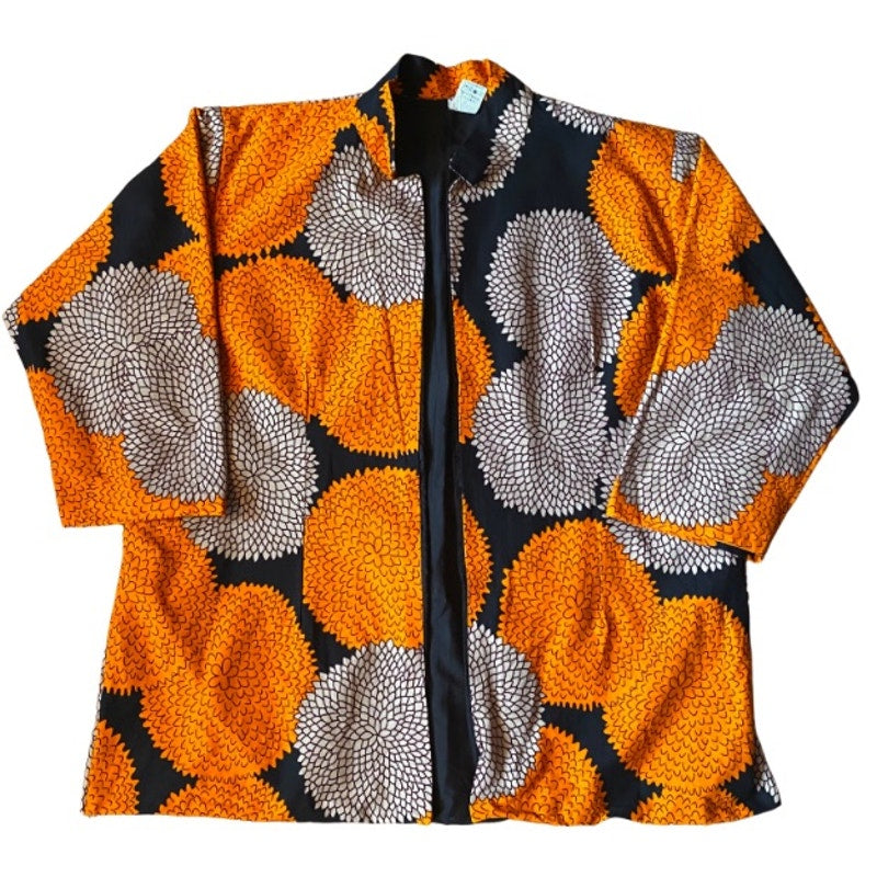 Orange/ Black/ Beige Chrysanthemum Ankara Print Print Open-Front Cotton Jacket (L)