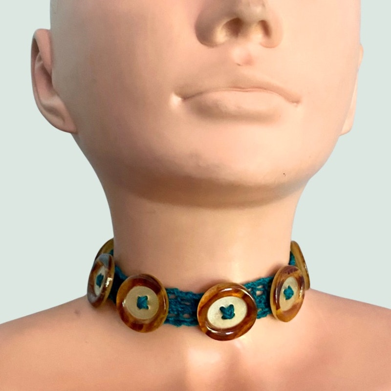 Faux Mother of Pearl /Tortoiseshell Button Embellished Handknit Teal Cotton Choker Necklace