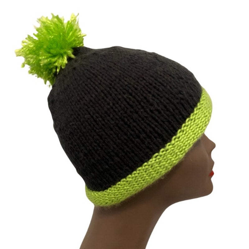 Black & Lime Green Pom Pom Knit Beanie (L)