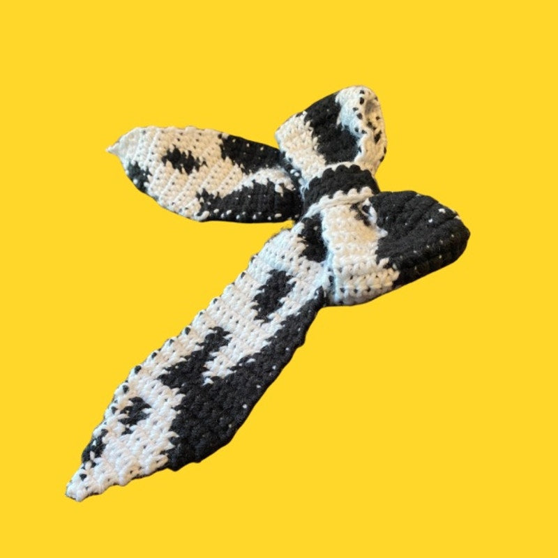 Black & White Cowprint Crochet Bow - Handmade Accessory with Removable Clip