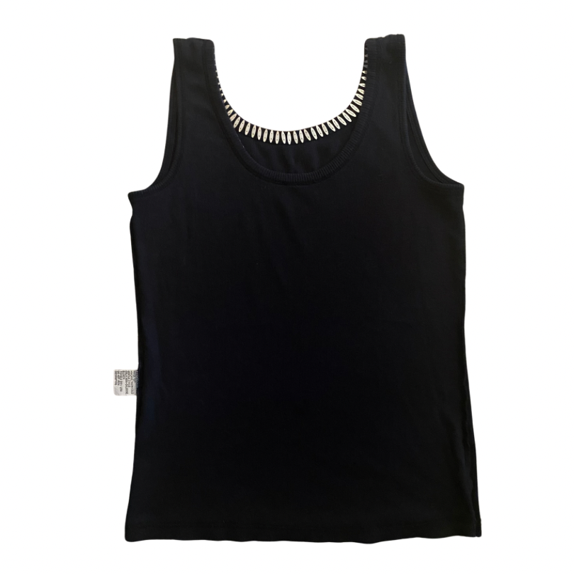 Y2K Embellished Silver & Black Ribbed Cotton Tank Top (S)