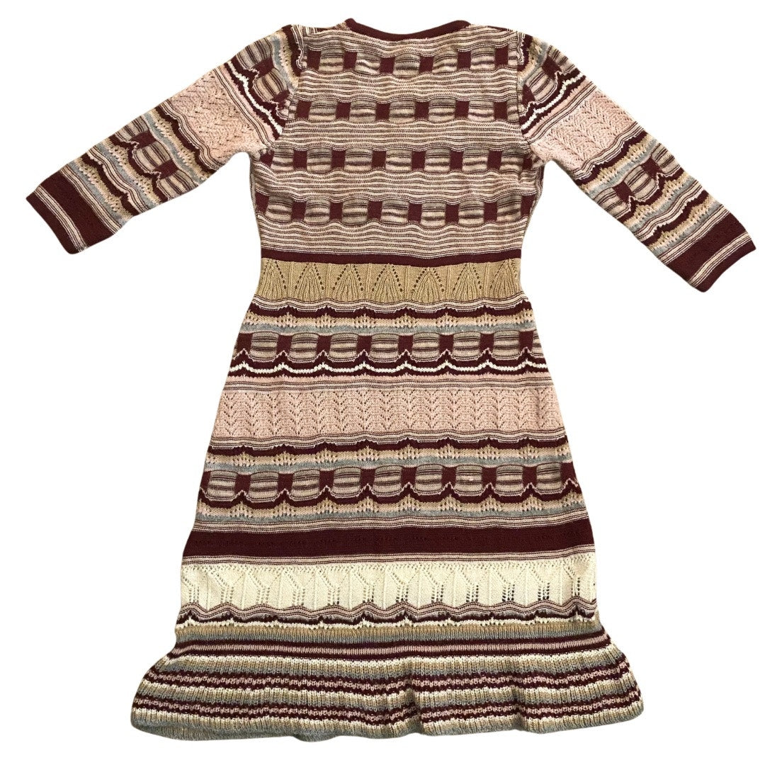 NWT V-Neck Pink/ Burgundy/ Cream/ Striped Baby Alpaca Wool Knit Ruffle Hem Dress (L)