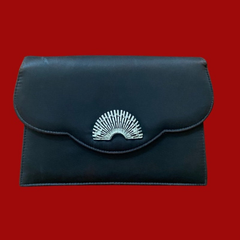 Vintage Black Satin Evening Bag with Silver Fan Decal and Chain Shoulder Strap