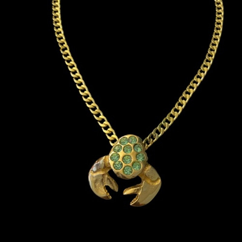 Emerald Rhinestone Studded Crab Pendant Stamped 18 Karat Yellow Gold Chain Necklace