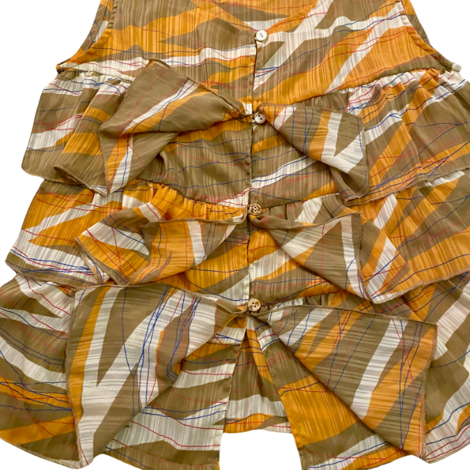 Abstract Orange/Taupe/White Striped Ruffle-Tiered Sleeveless Top (M)