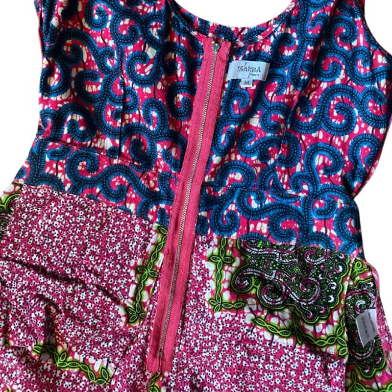 Vibrant Hot Pink, Royal Blue, Lime Green Abstract Ankara Print Wide-Legged Sleeveless Cotton Jumpsuit (M)