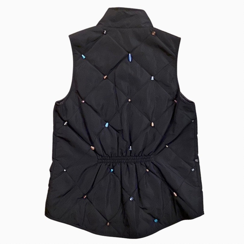 Upcycled Navy Blue, Purple Bead Embellished Quilted Vest (S)