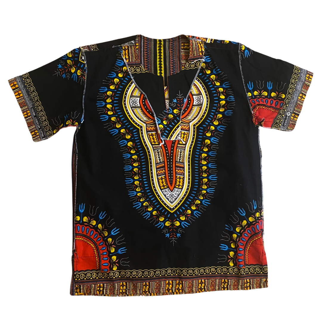 Unisex Red, Black, White, Yellow & Blue Printed Dashiki Shirt (L)