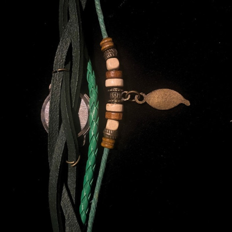 Earthy Green Leather Watch Bracelet with Wood Beads Bronze Feather Charm