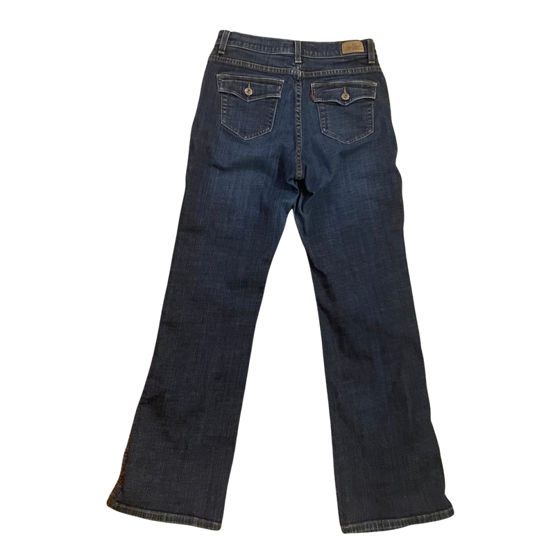 70’s Inspired Upcycled Secondhand Levi Bootcut 512 Jeans with Handknit Accents (10 M)