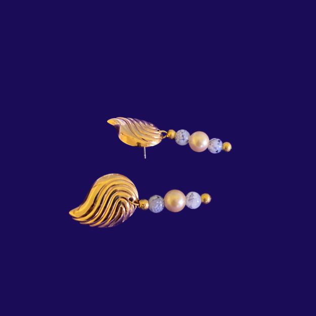 Attina | Upcycled Vintage Gold Shell Mock Pearl Beaded Drop Stud Earrings