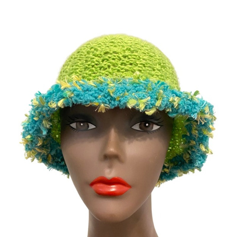 Mossy Lime Green & Teal Fuzzy Trim Bucket Hat (L)