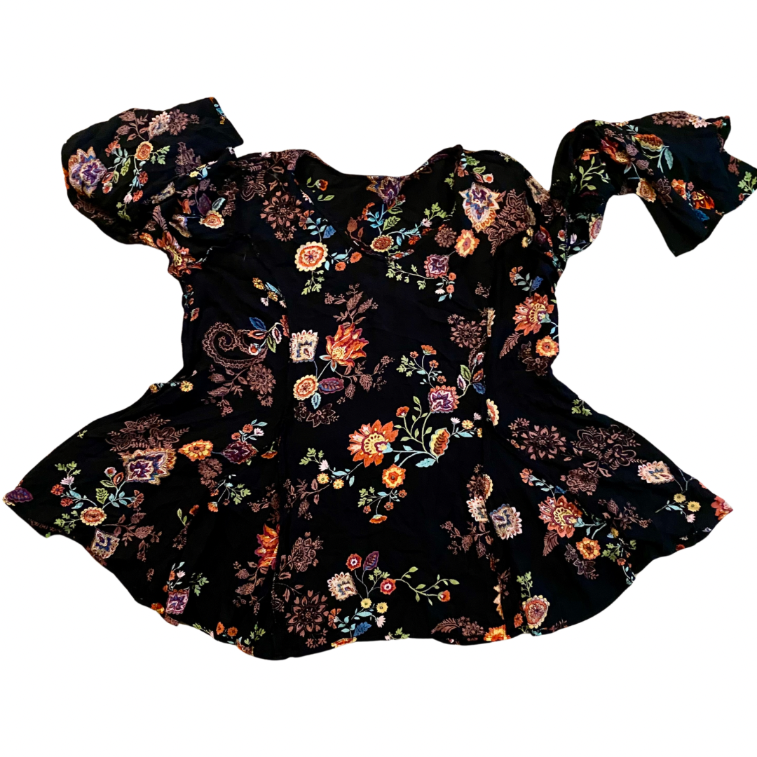 Vintage Black Floral Bell Sleeve Top (M)