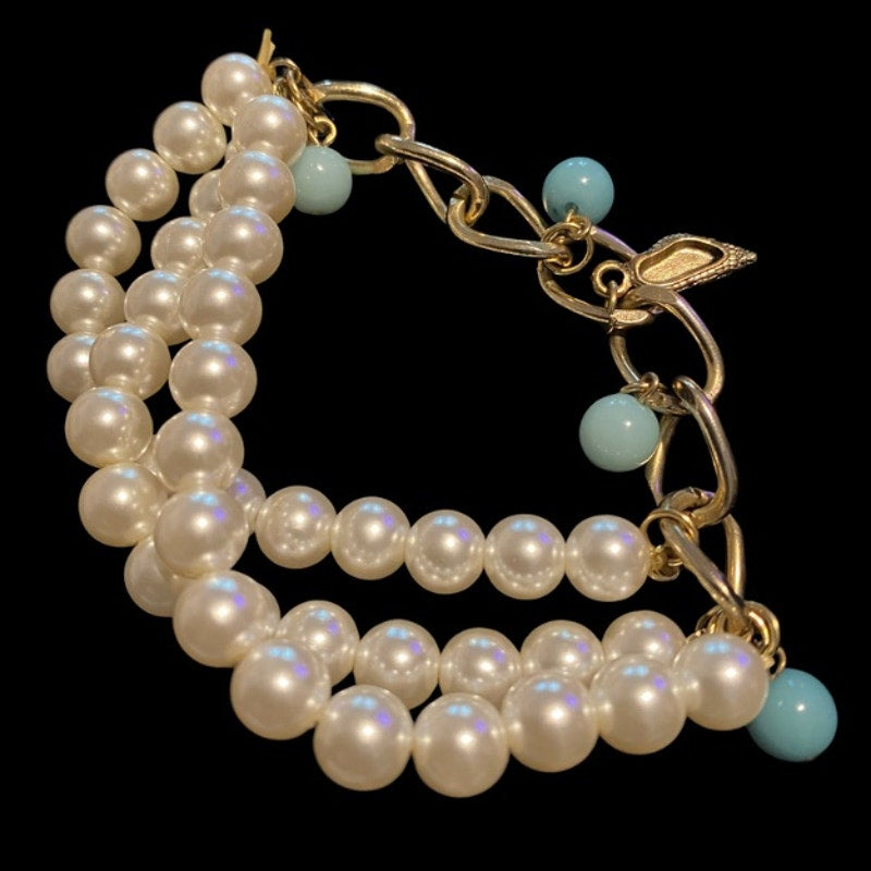 Triple Strand Faux Pearl and Aquamarine Beaded Stretch Bracelet